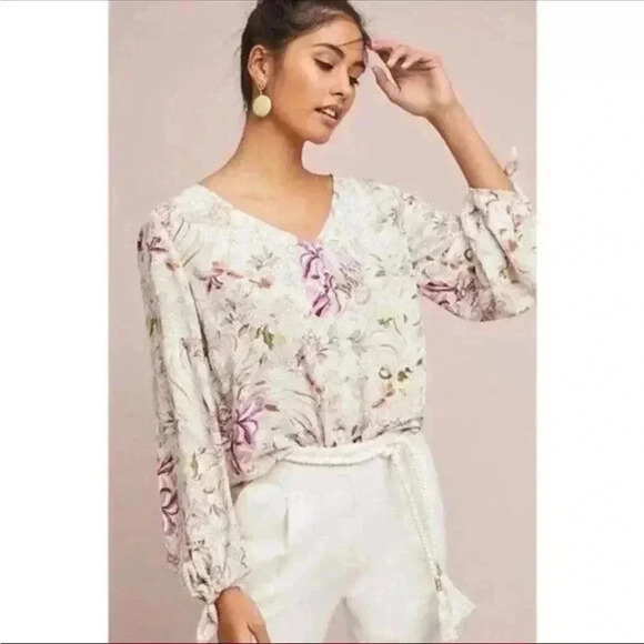 NWT ANTHROPOLOGIE Maeve Cream Floral Print Balloon Sleeve Tie Blouse. Size XS - Picture 1 of 14